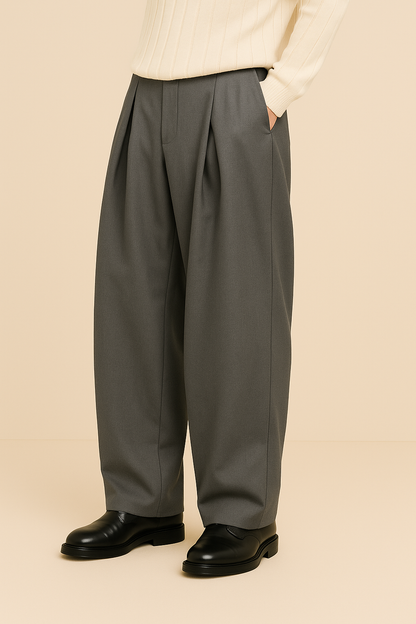 Men's wide-leg suit trousers in dark grey, pleated front, belt loops, full-length wide leg