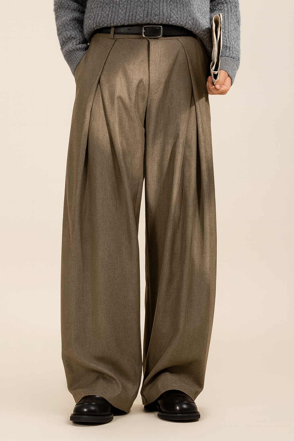 Men's wide-leg suit trousers in dark taupe, pleated front, belt loops, button waist