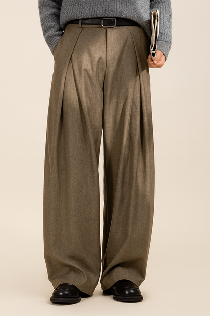 Men's wide-leg suit trousers in dark taupe, pleated front, belt loops, button waist