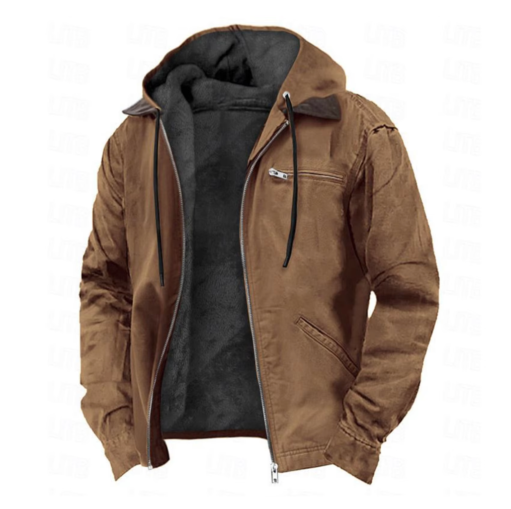 Men's hooded jacket with full-zip front, brown outer shell, black fleece lining