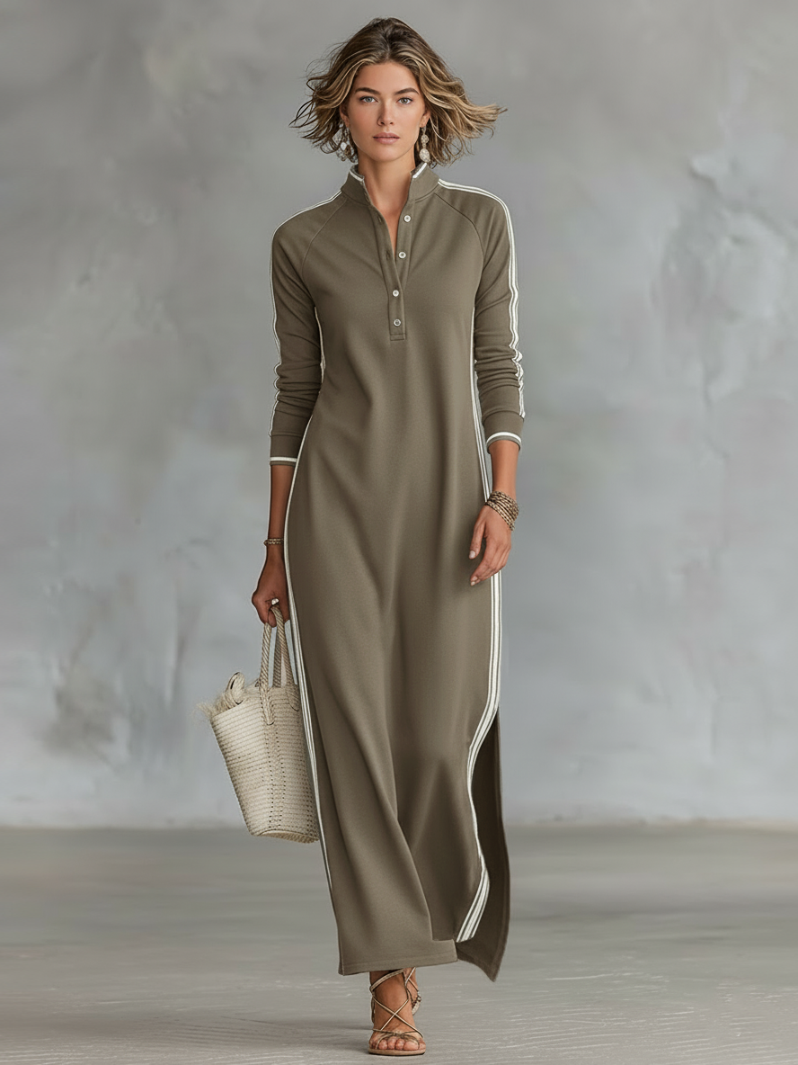 Khaki button-down maxi dress with collar, front buttons, and contrast side piping
