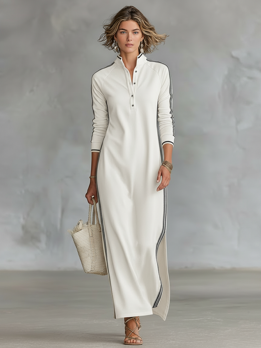 White button-down maxi dress with collar, front buttons, and contrast side piping