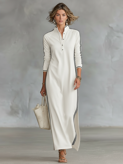 White button-down maxi dress with collar, front buttons, and contrast side piping