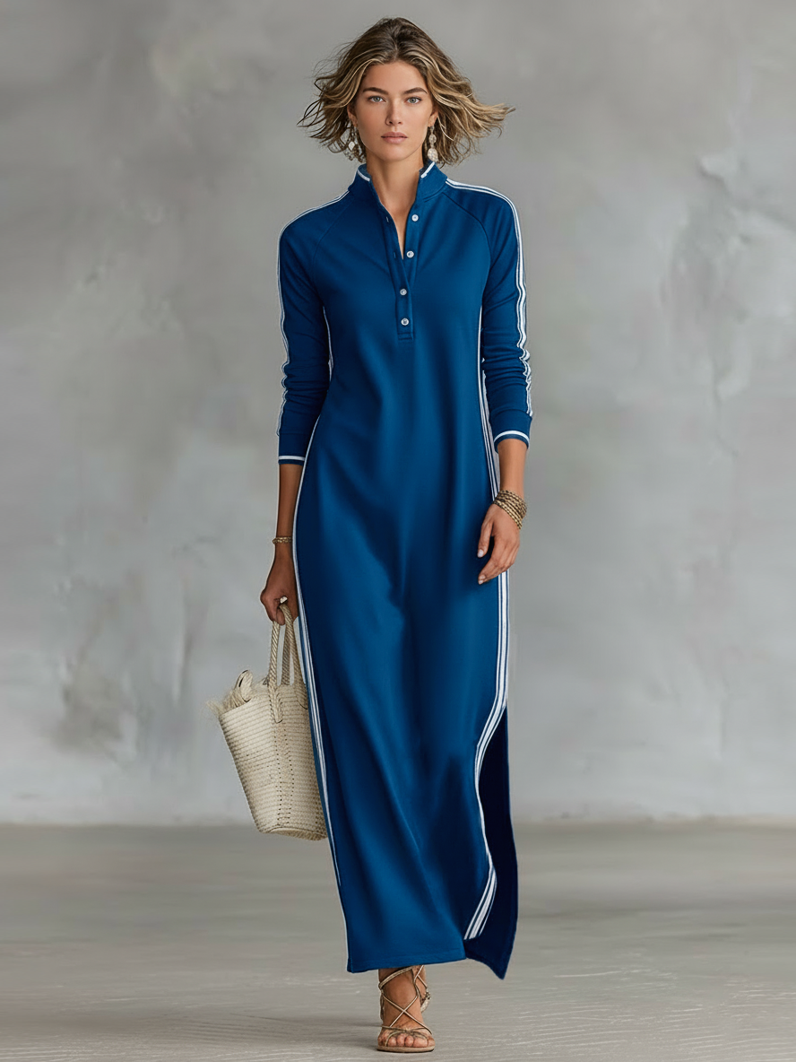 Royal blue button-down maxi dress with collar, front buttons, and contrast side piping