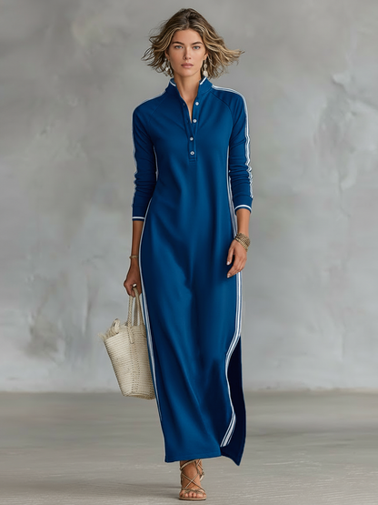Royal blue button-down maxi dress with collar, front buttons, and contrast side piping