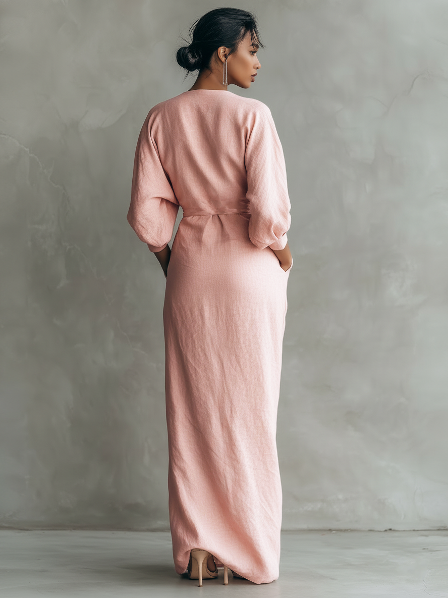 Linen-blend V-neck maxi dress with twist waist, pink, long sleeves, side slit
