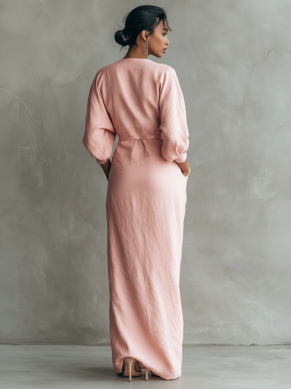 Linen-blend V-neck maxi dress with twist waist, pink, long sleeves, side slit