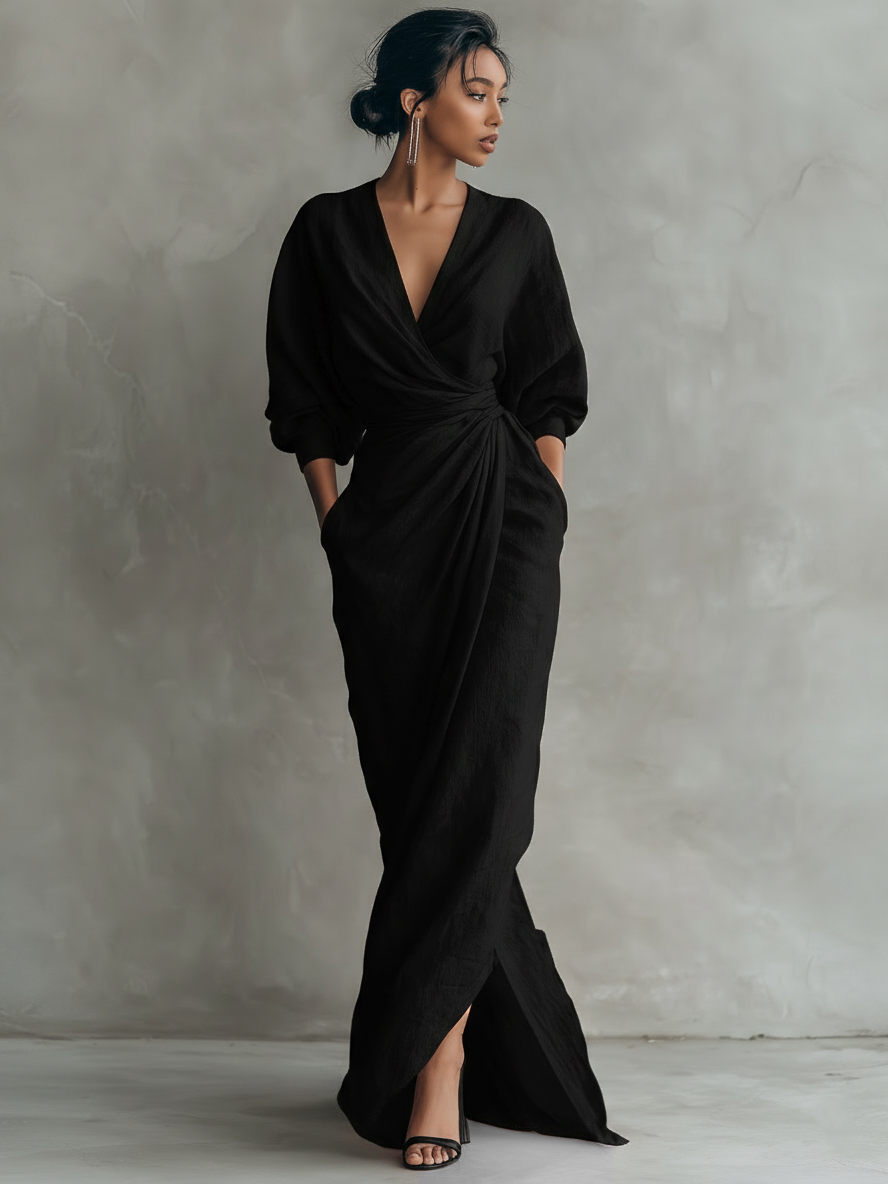 Linen-blend V-neck maxi dress with twist waist, black, long sleeves, side slit