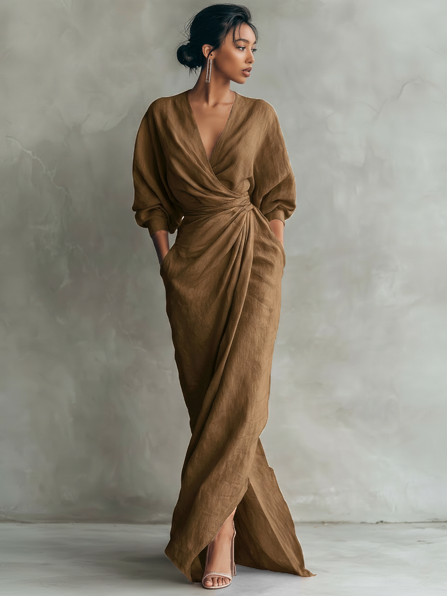 Linen-blend V-neck maxi dress with twist waist, brown, long sleeves, side slit