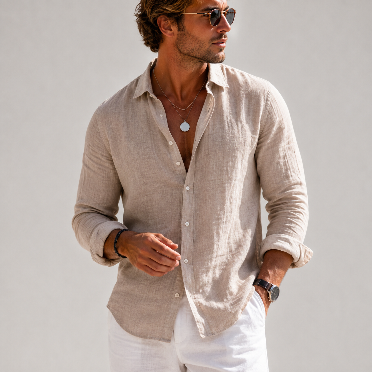 Men's linen long sleeve button-down shirt, beige with chest pockets