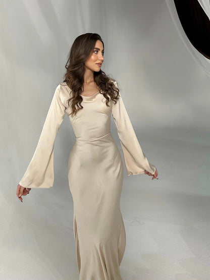 Light cream long-sleeve maxi dress, full length, round neckline and straight hem