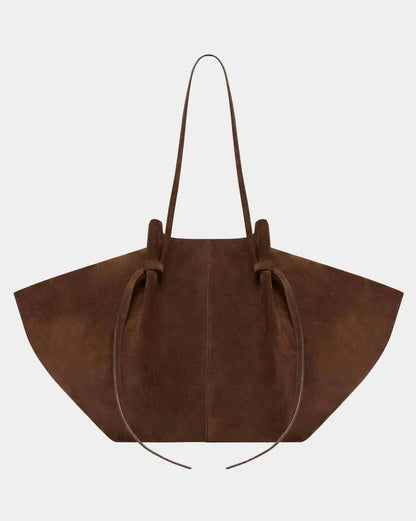 Brown suede tote bag with long handles and gathered drawstring opening