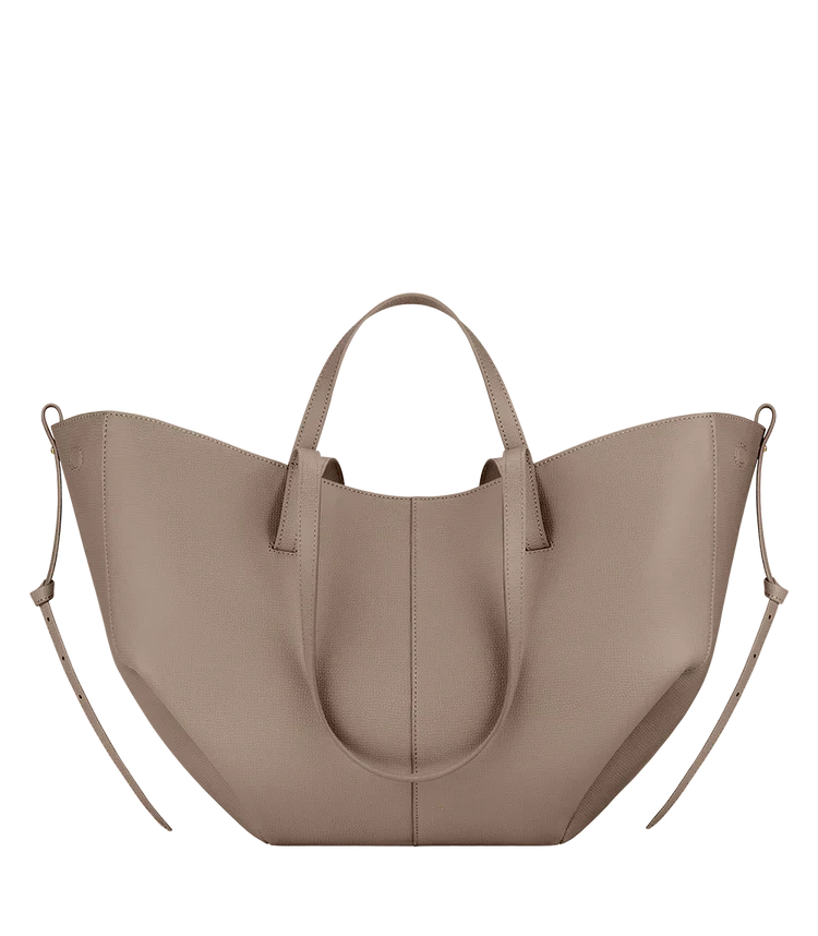 Women's vegan leather tote bag, beige with two top handles and side straps