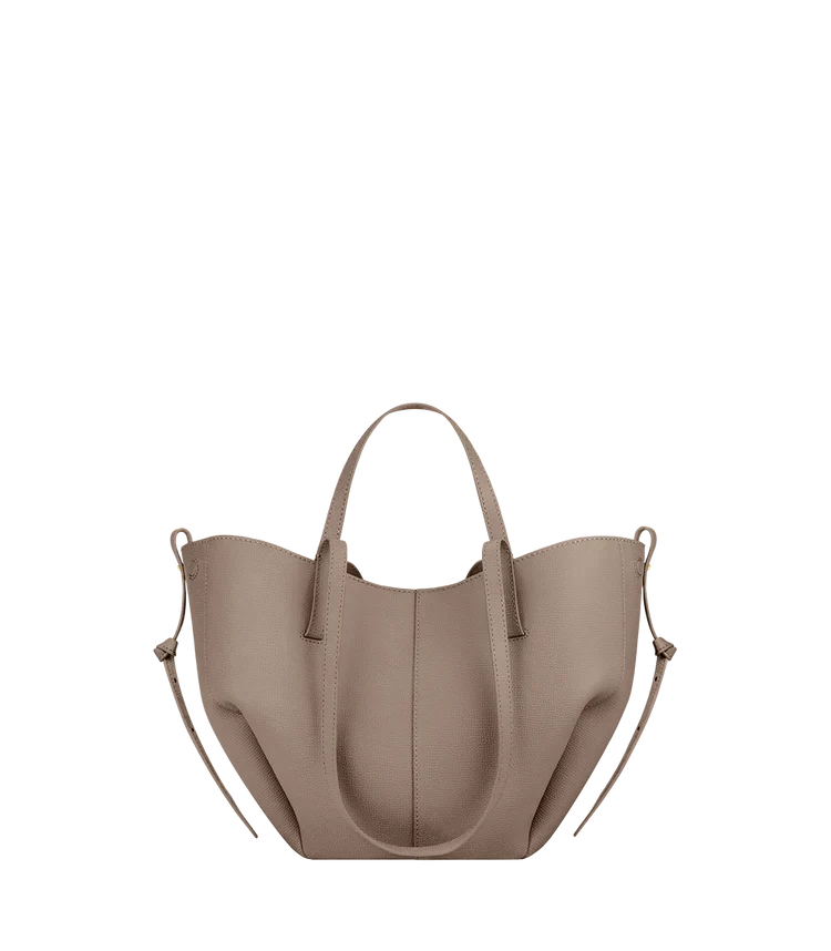 Women's vegan leather tote bag, light beige with two top handles and side straps