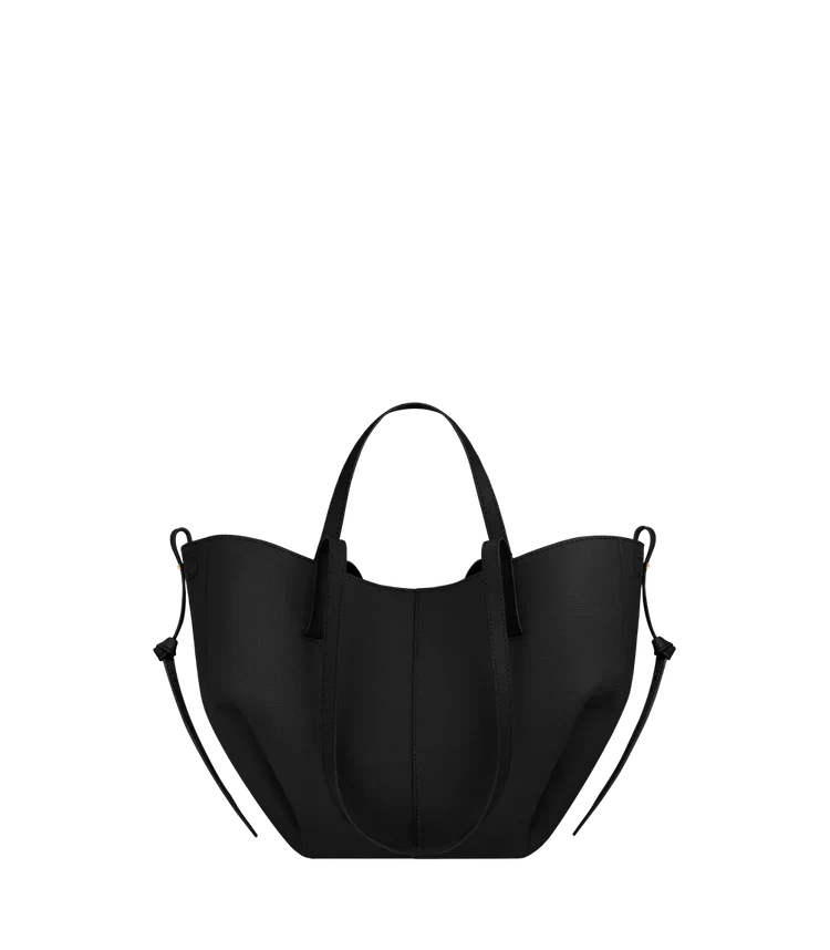 Women's vegan leather tote bag, black with two top handles and crossbody straps