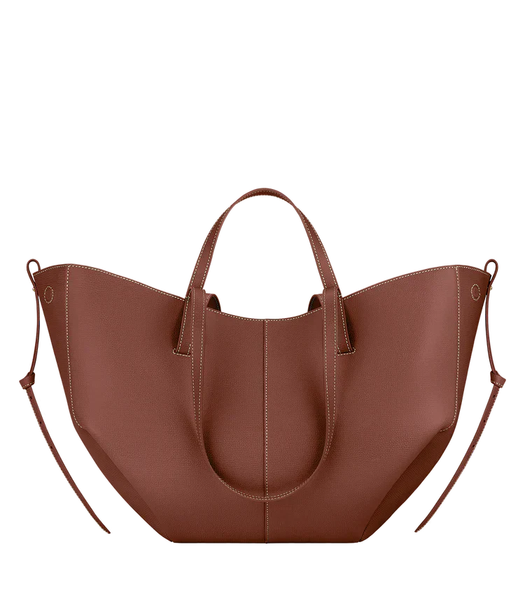 Women's vegan leather tote bag, brown with two top handles and side straps