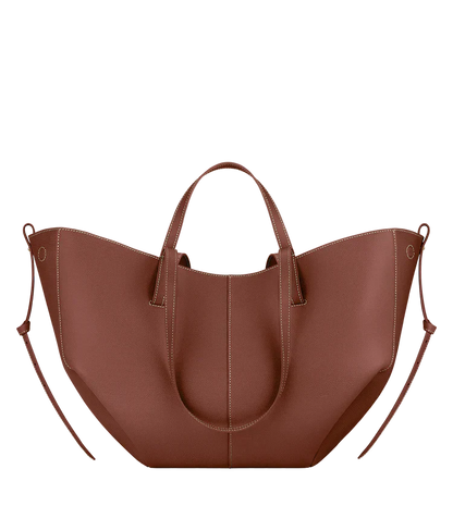 Women's vegan leather tote bag, brown with two top handles and side straps