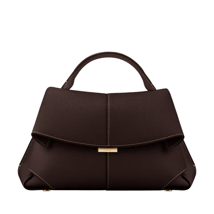 Dark brown vegan leather handbag with short handles and front flap gold clasp