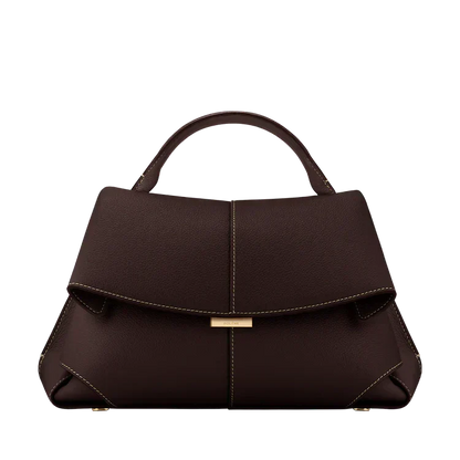 Dark brown vegan leather handbag with short handles and front flap gold clasp