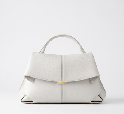 Off-white vegan leather handbag, short handles, front flap closure