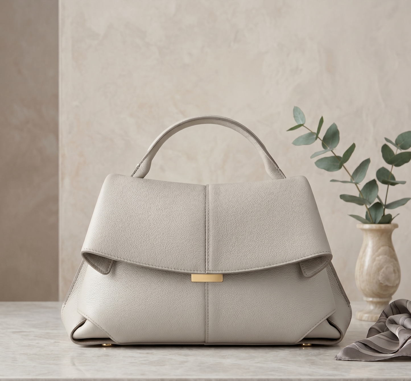 Cream vegan leather handbag with short handles, curved flap and gold clasp