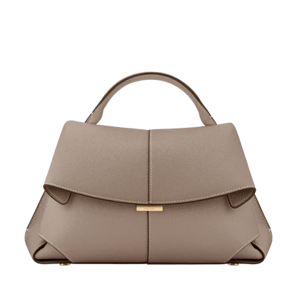 Beige vegan leather handbag with short handles and front flap gold clasp
