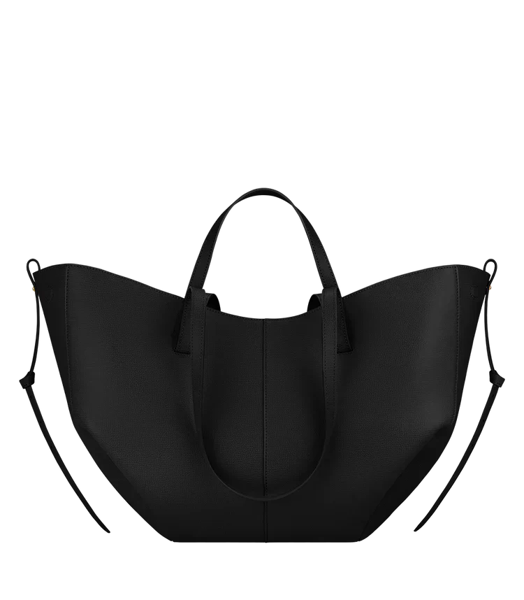 Women's vegan leather tote bag, matte black with two top handles and side straps