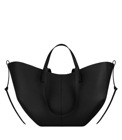 Women's vegan leather tote bag, matte black with two top handles and side straps