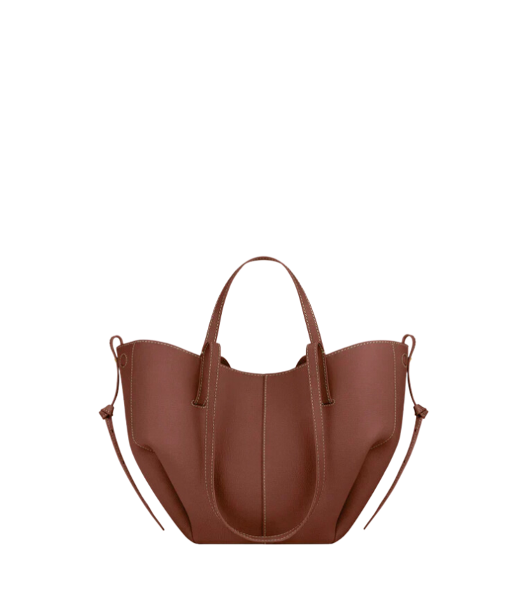 Women's vegan leather tote bag, chocolate brown with two top handles and side straps
