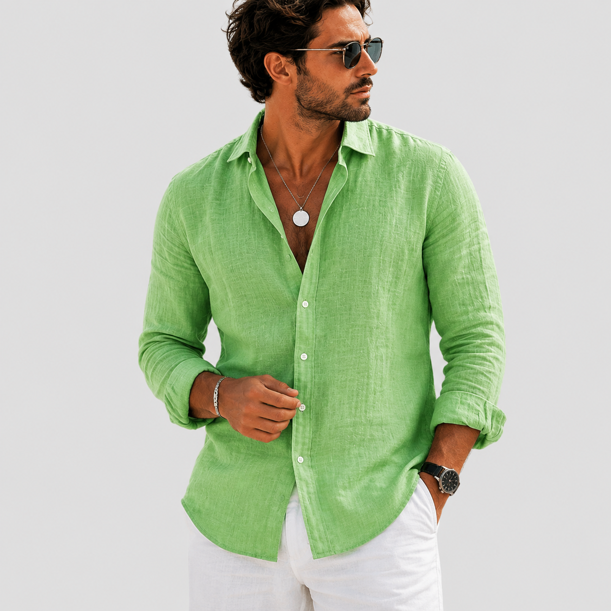 Men's linen long sleeve button-down shirt, light green with chest pockets