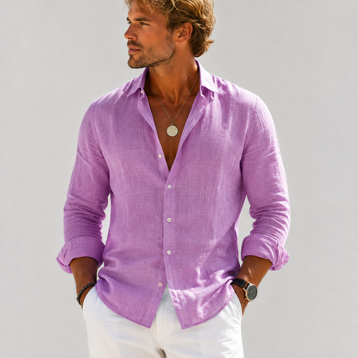 Men's linen long sleeve button-down shirt, lilac purple with chest pockets