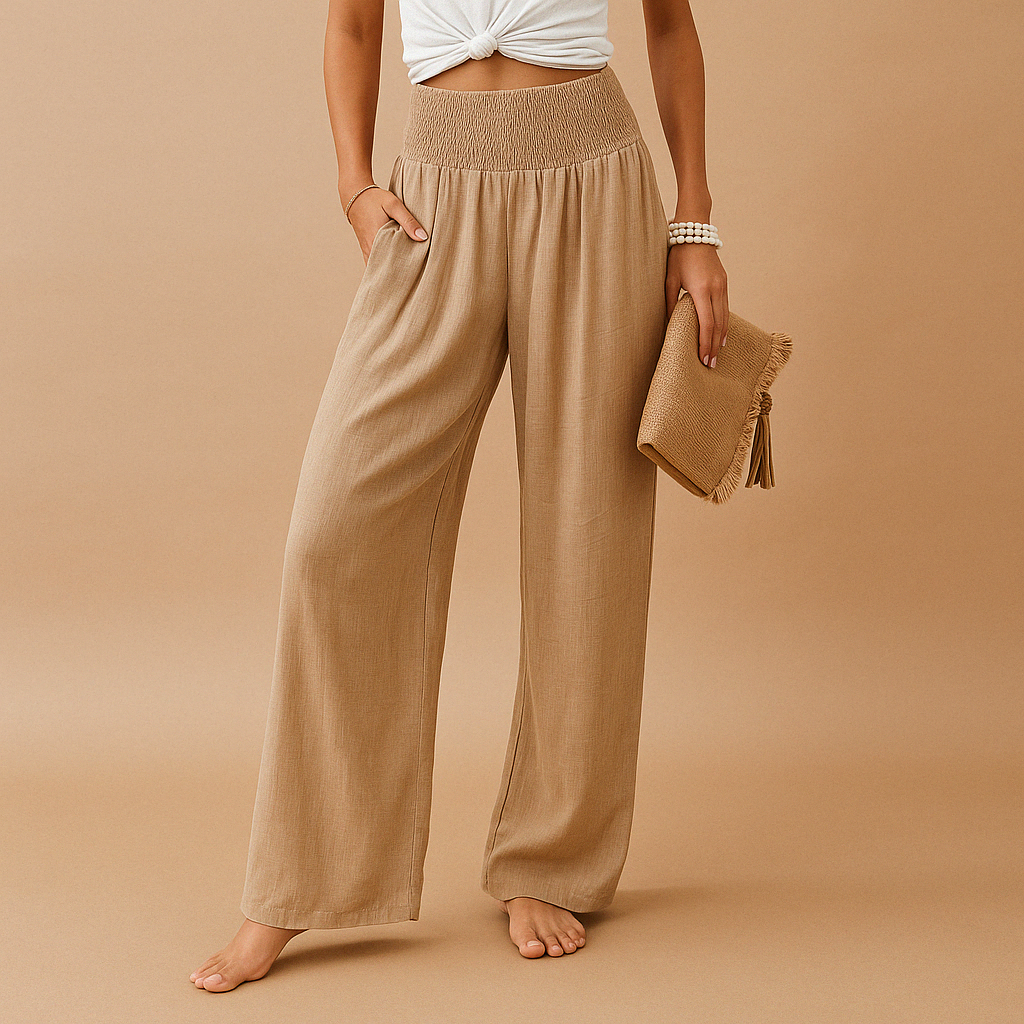 Women’s high-waisted relaxed trousers in khaki with elastic waistband and wide legs