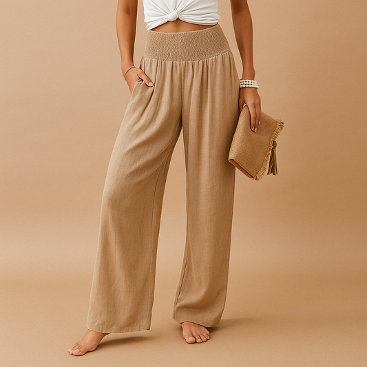 Women’s high-waisted relaxed trousers in khaki with elastic waistband and wide legs