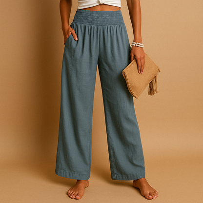 Women’s high-waisted relaxed trousers in blue with elastic waistband and wide legs