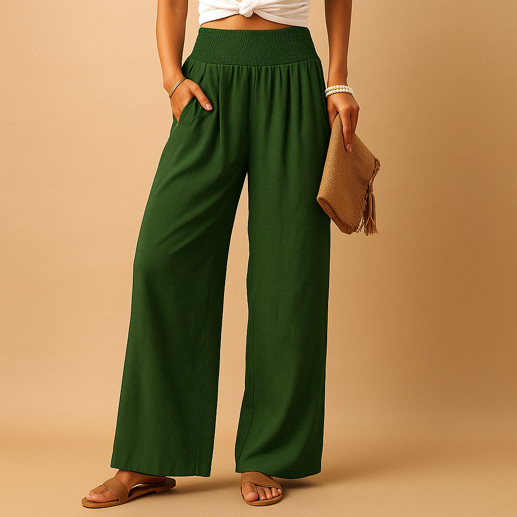 Women’s high-waisted relaxed trousers in dark green with elastic waistband and wide legs