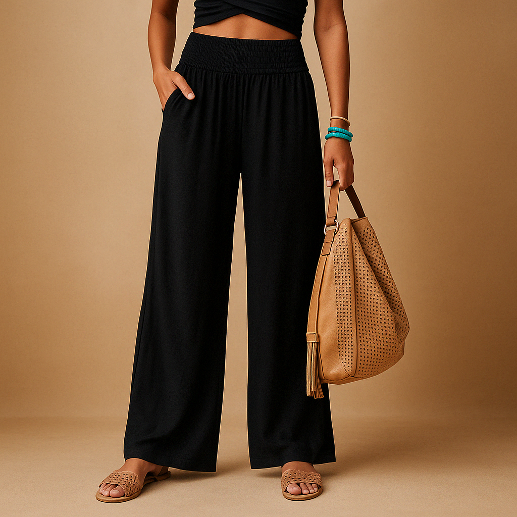 Women’s high-waisted relaxed trousers in black with elastic waistband and wide legs