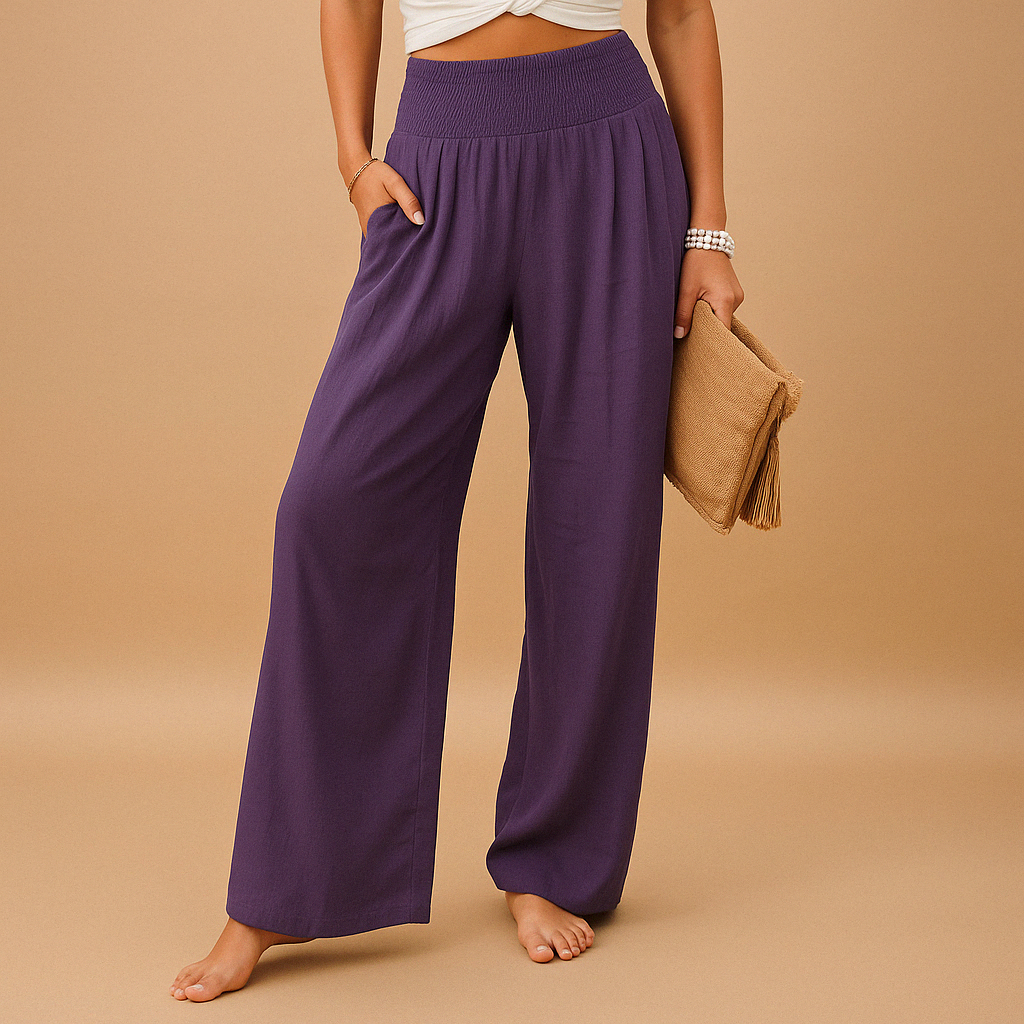 Women’s high-waisted relaxed trousers in purple with elastic waistband and wide legs