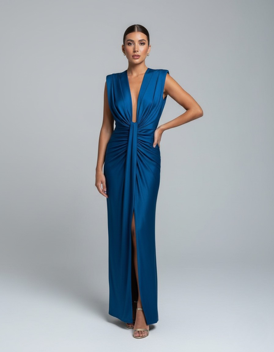 Blue V-neck maxi dress with draped twist detail and front slit, sleeveless