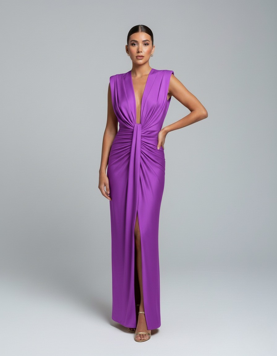 Purple sleeveless V-neck maxi dress with draped knot at waist and front slit