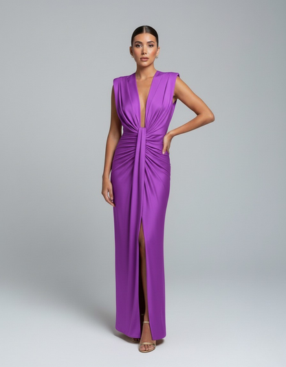 Purple sleeveless V-neck maxi dress with draped knot at waist and front slit