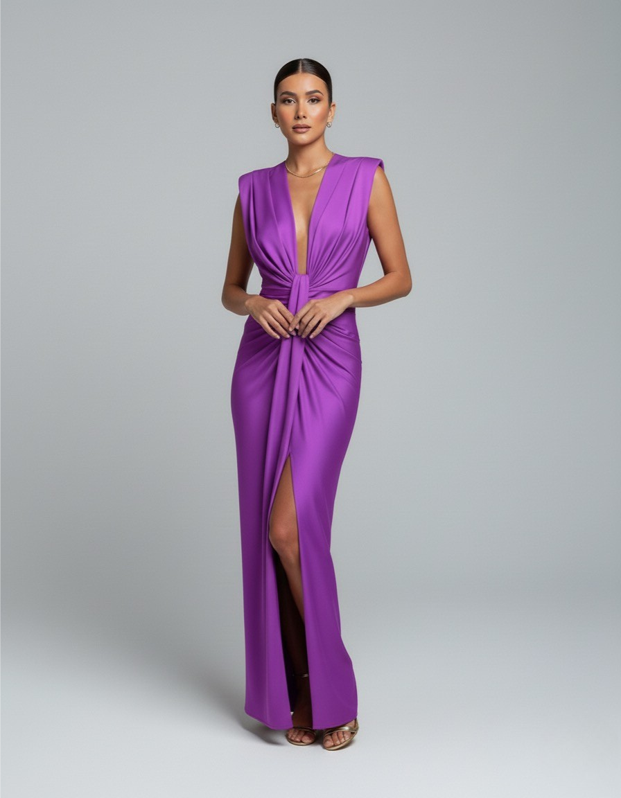 Purple sleeveless V-neck maxi dress with gathered waist knot and high front slit