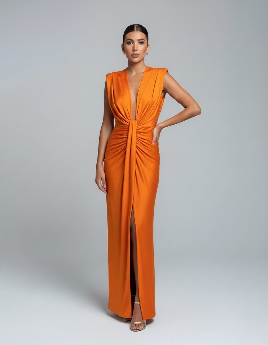 Orange sleeveless V-neck maxi dress with knotted drape at waist and front slit