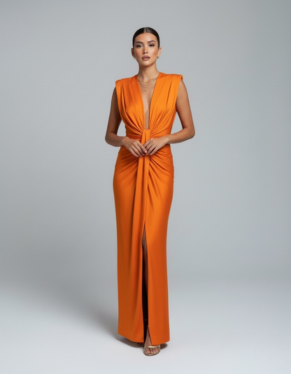 Orange sleeveless V-neck maxi dress with twisted waist detail and front slit