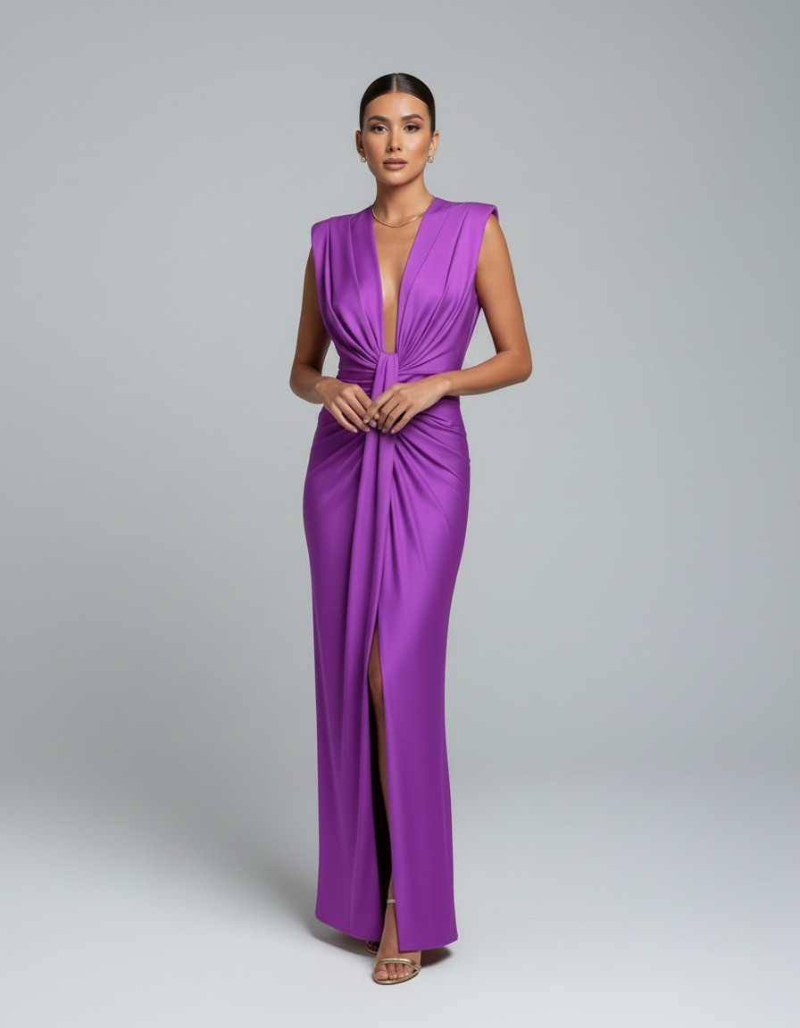 Purple sleeveless V-neck maxi dress with ruched waist knot and long front slit