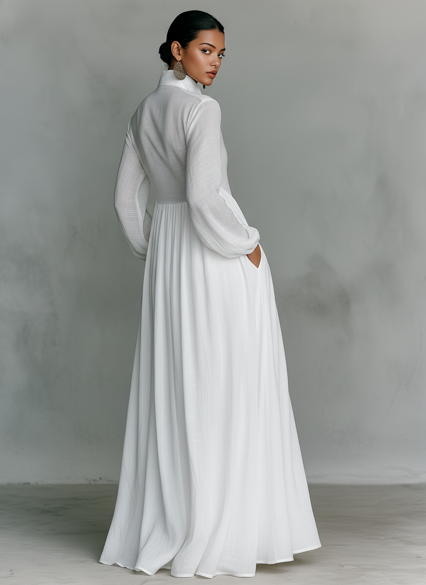 Light-colored cotton-linen maxi shirt dress with V-neck, long sleeves, pleated skirt