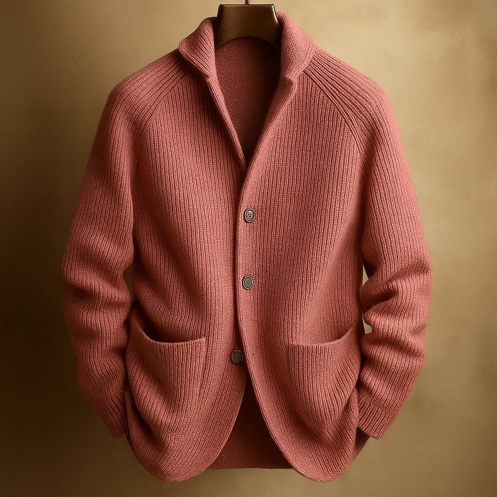 Men's ribbed wool cardigan in dusty pink with shawl collar, button placket, patch front pockets.