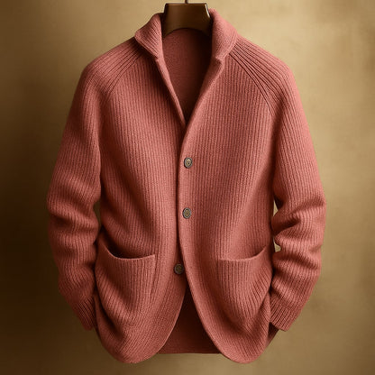 Men's ribbed wool cardigan in dusty pink with shawl collar, button placket, patch front pockets.