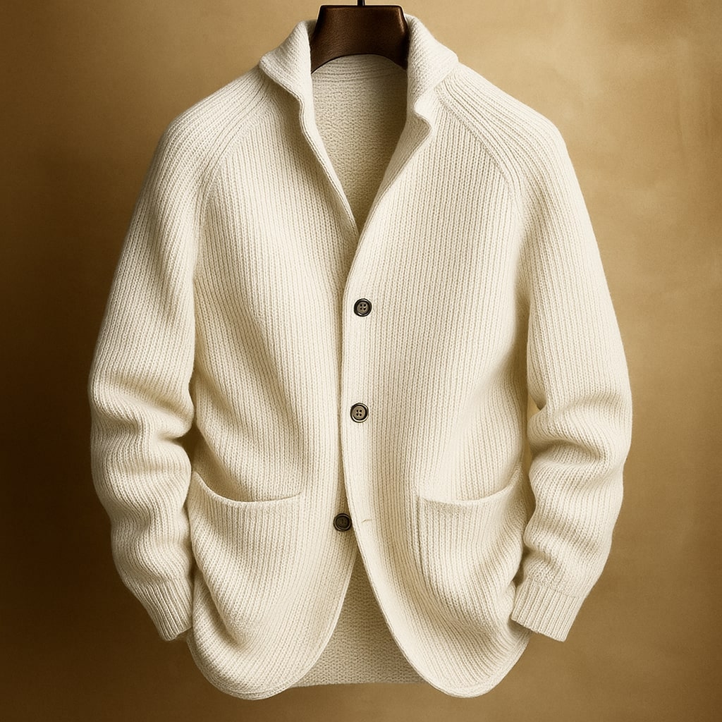 Men's ribbed wool cardigan in white with shawl collar, button front, two patch pockets.