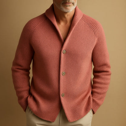 Men's ribbed wool cardigan in terracotta pink, shawl collar, button front, two front pockets.