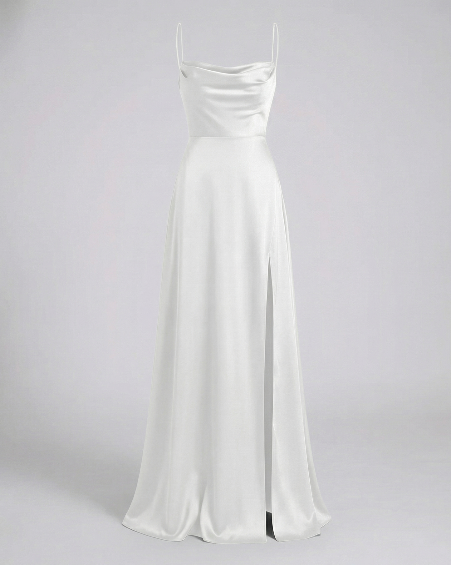White satin maxi dress with spaghetti straps and long split hem